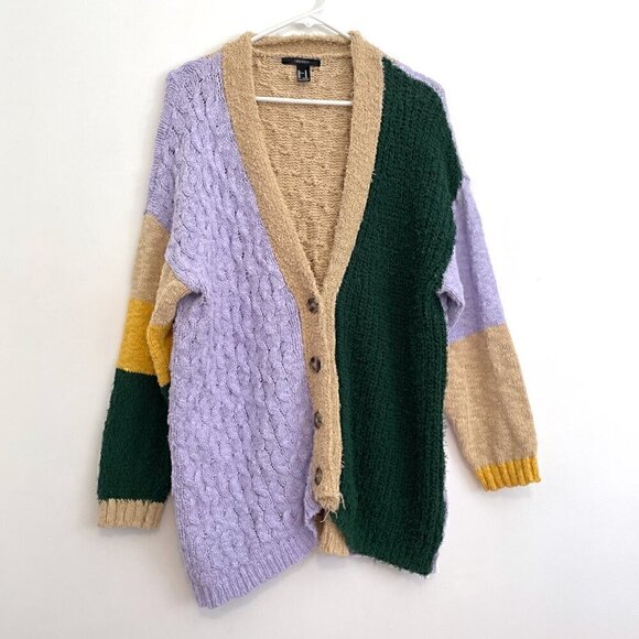 FOREVER 21 Colorblock Cardigan Sweater Lilac Lavender Green Multi Button Long M - Picture 2 of 13